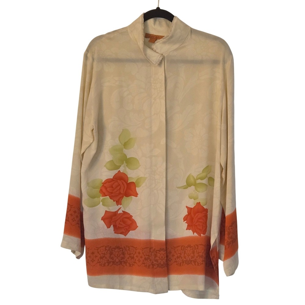 Harari 100% Silk Floral Blouse Hidden Button Cream Orange Size L - Picture 3 of 16